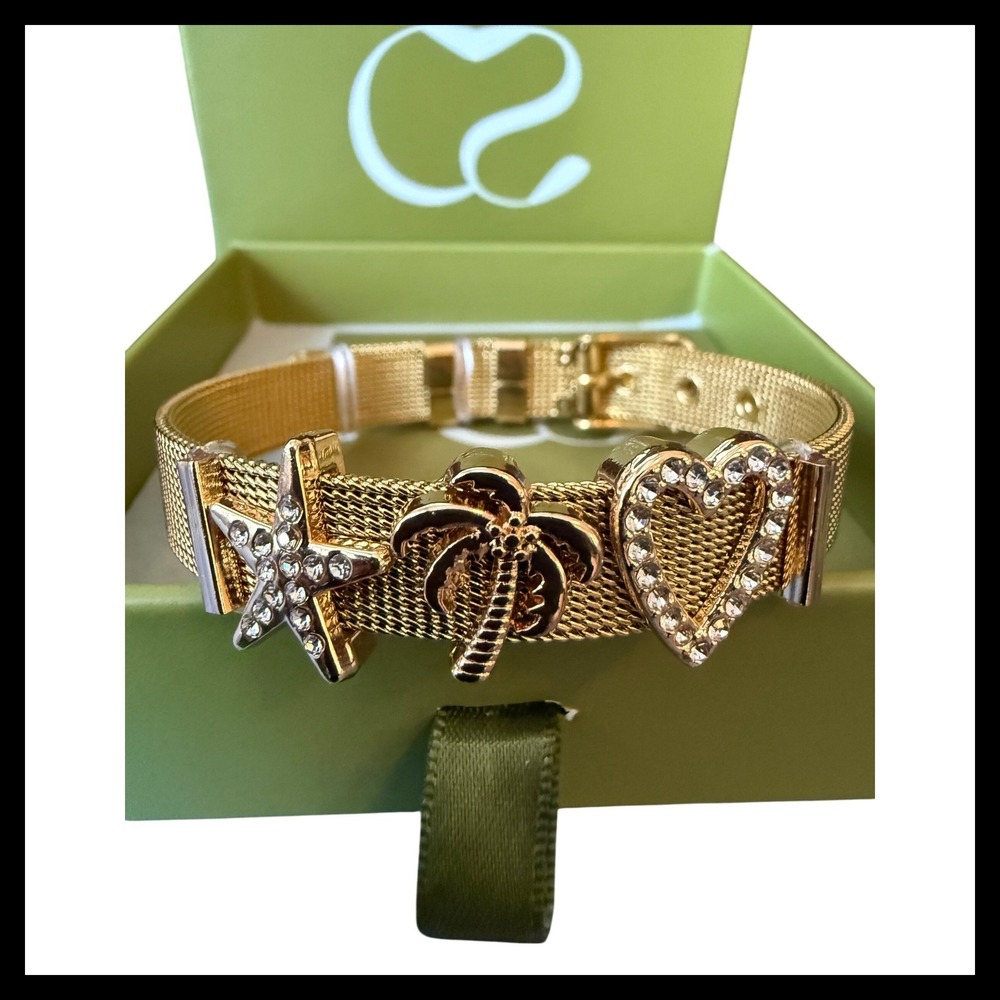 NWOT Caraosello Gold Mesh Belt Bracelet Starfish Palm Tree Heart Charms